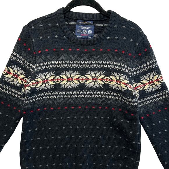 American Eagle Fair Isle Nordic Sweater Men's Sz XS Navy Rabbit Hair Retro Cabin - Picture 4 of 6